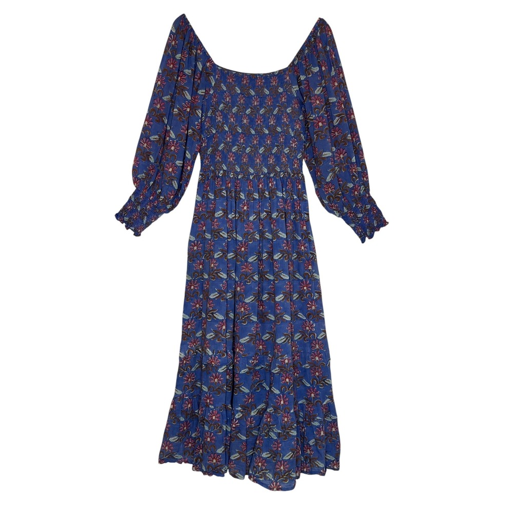 Oliphant Smocked Top Balloon Sleeve Tiered Cotton Midi Dress Blue Floral Print M